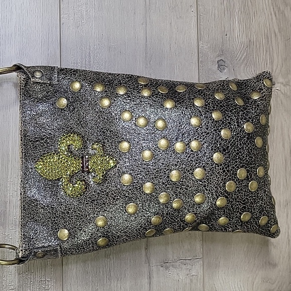 Bridget Shuster Brown Leather Brass Studded Crystal Crossbody Shoulder Bag Purse - Picture 2 of 13